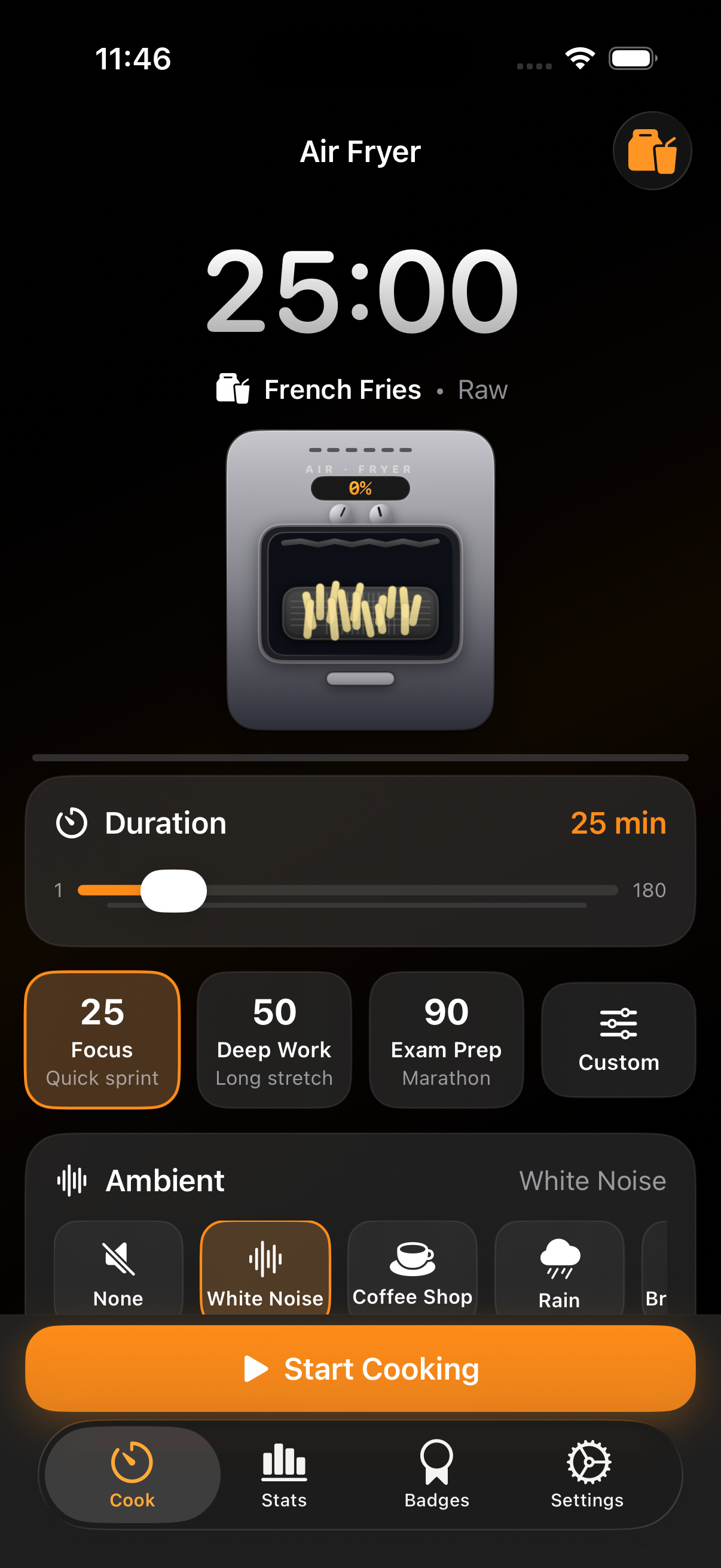 Air Fryer Timer home screen on iPhone — duration slider, presets, and ambient picker in dark mode