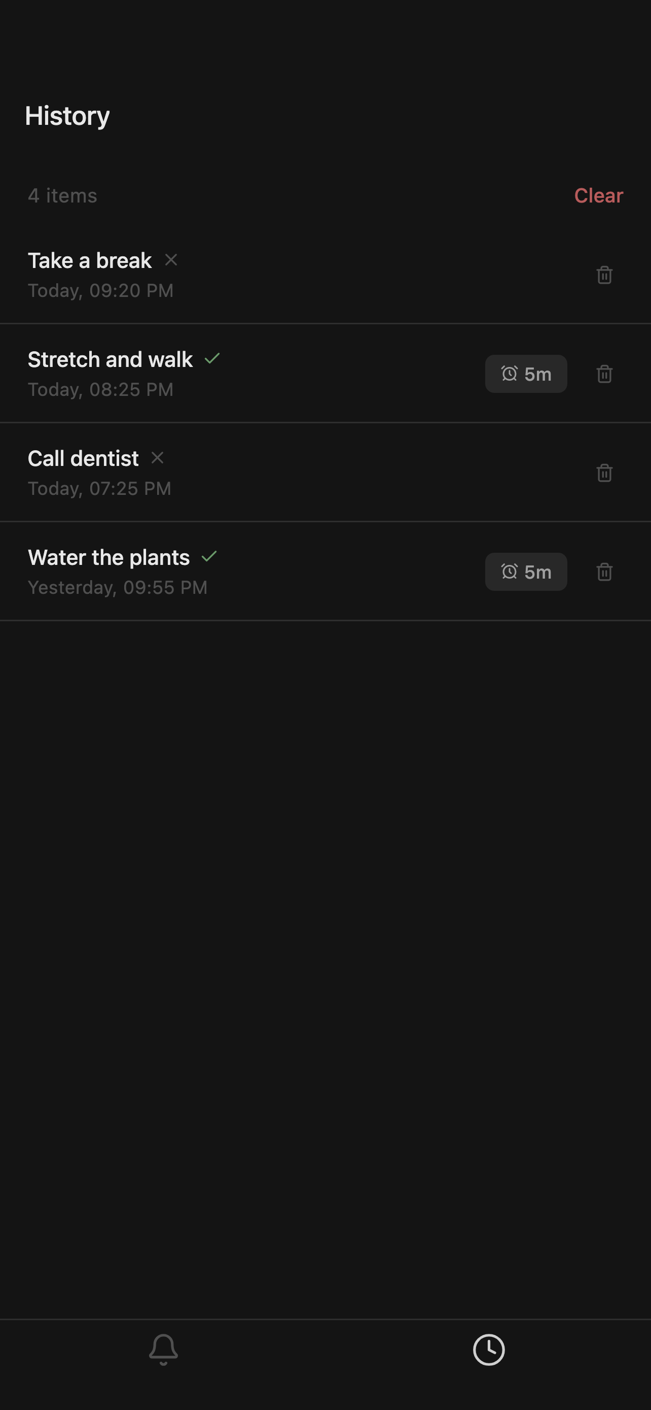 History screen listing completed and dismissed tasks