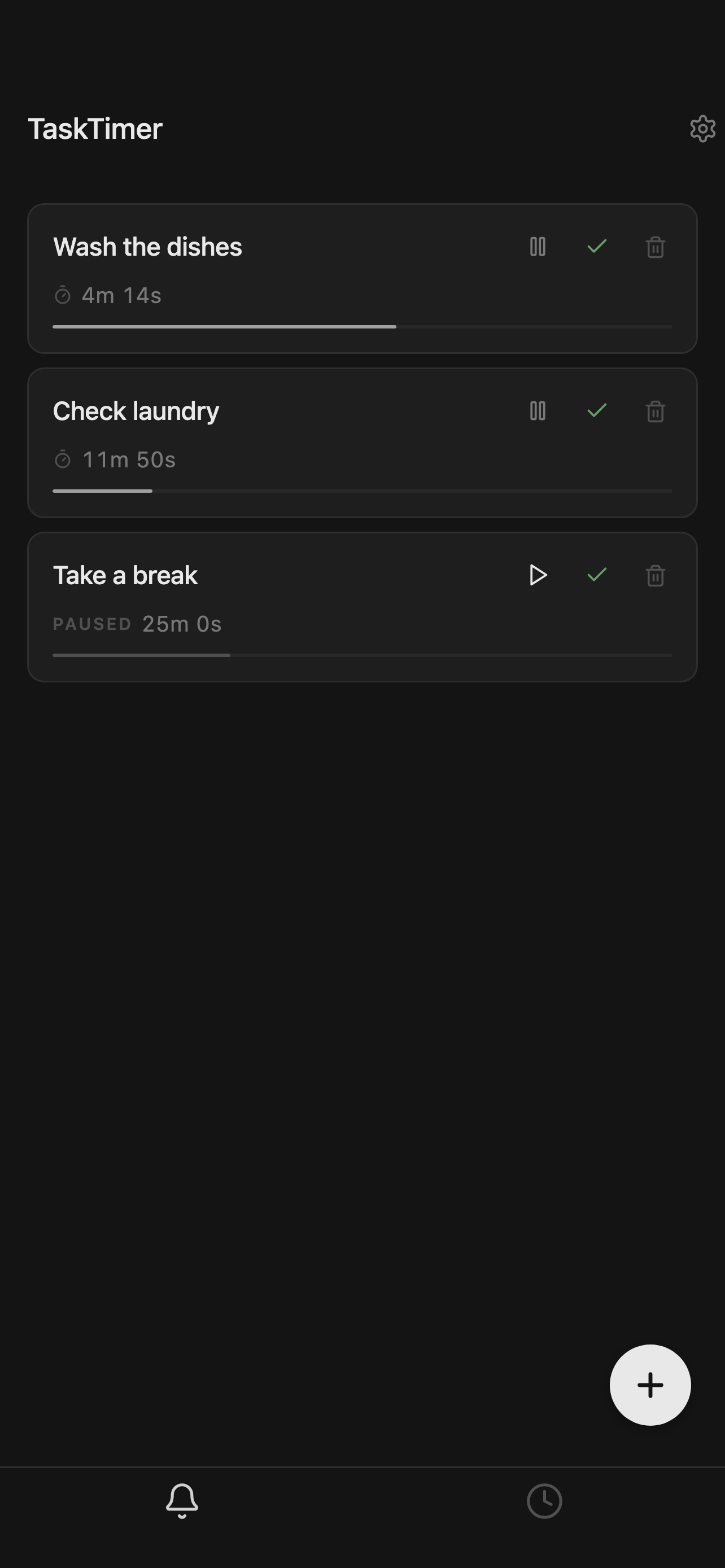 TaskTimer Plus — three live tasks with timers running on iPhone